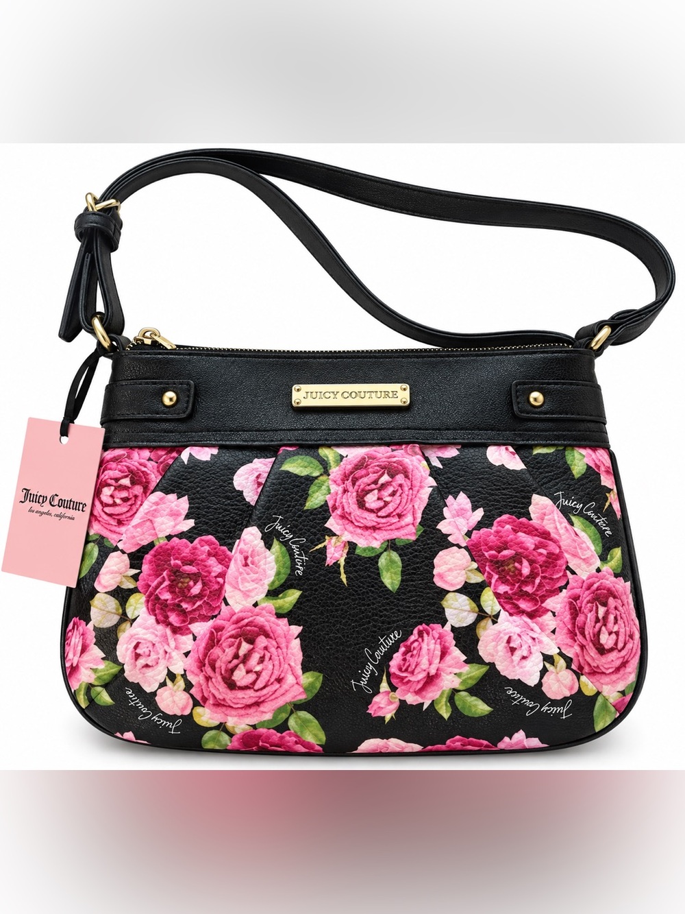 Juicy Couture Black Floral Crossbody Bag - Pink Rose Print